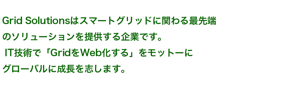 Grid Solutionsはスマートグリッドに関わる最先端のソリューションを開発する企業です。「世界に冠たるスマートグリッド企業を目指して」をモットーにグローバルに成長を志します。
